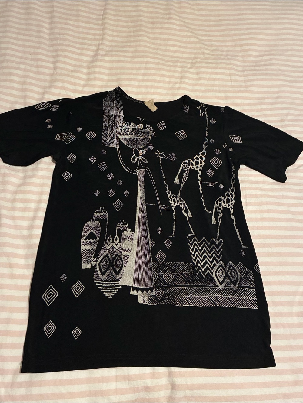 Black Graphic Women’s Tee with White Tribal Giraffe Print
